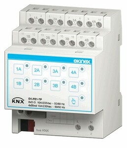 KNX multifuntion actuator, shutter / switching, 8 binary outputs / 4 channel shutter, 10A, DIN rail, Ref. EK-FE1-TP