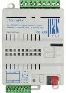 KNX multifuntion actuator with inputs, µBrick io64 X, shutter / switching, 4 binary outputs / 2 channel shutter, 6 inputs potential free, 10A, 140µF C-load, DIN rail / flush mount / surface, serie µBrick, Ref. 72130-180-06