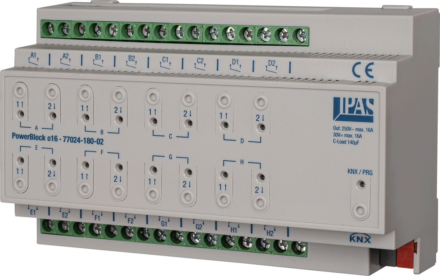 KNX multifuntion actuator, PowerBlock o16, shutter / switching, 16 binary outputs / 8 channel shutter, 16A, 140µF C-load, DIN rail, serie PowerBlock, Ref. 77024-180-02