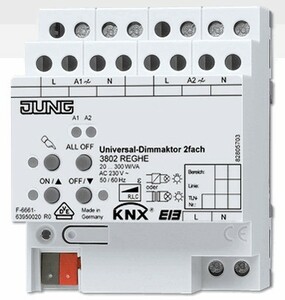 KNX dimmer actuator, universal / 230V LED optimized, 2 outputs , 300W, Ref. 3902 REGHE
