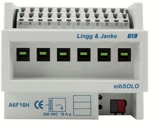 KNX switching actuator, A6F16H, 6 binary outputs , 16A, 200µF C-load, DIN rail, serie eibSOLO, Ref. 98201