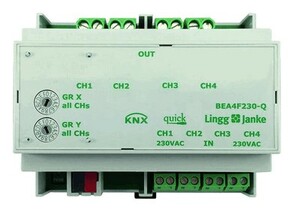KNX switching actuator with inputs, BEA4F230-Q, 4 binary outputs , 4 inputs 230VAC, 230VAC, 16A C-load, DIN rail, serie QUICK, Ref. Q79244