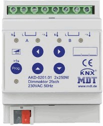 KNX dimmer actuator, universal, 2 outputs , 230VAC, 250W, DIN rail, serie STANDARD, Ref. AKD-0201.01