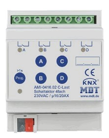 KNX switching actuator, 4 binary outputs , 230VAC, 16A / 20A, 200µF C-load, current measurement, DIN rail, Ref. AMI-0416.02
