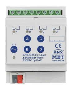 KNX switching actuator, 4 binary outputs , 230VAC, 16A, 140µF C-load, current measurement, DIN rail, Ref. AMS-0416.02