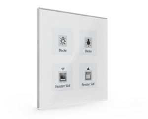 KNX push button 4 rockers, with temperature sensor, with status LED, serie GLASS SERIE, glass white, Ref. BE-GTT4W.01