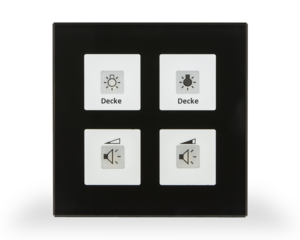 KNX RF push button 4 rockers, with temperature sensor, with status LED, serie GLASS SERIE, glass black, Ref. RF-GTT4S.01