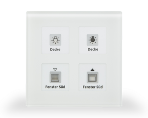 KNX RF push button 4 rockers, with temperature sensor, with status LED, serie GLASS SERIE, glass white, Ref. RF-GTT4W.01