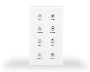 KNX RF push button 8 rockers, with temperature sensor, with status LED, serie GLASS SERIE, glass white, Ref. RF-GTT8W.01