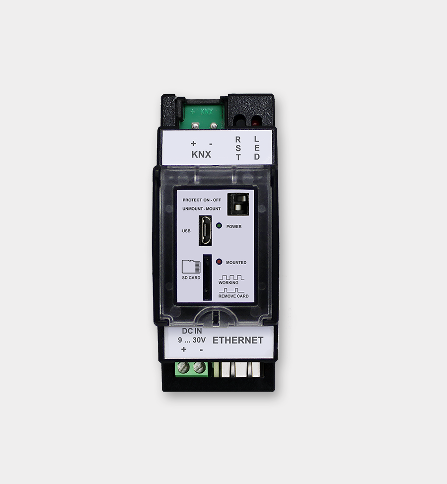 KNX-IP-Gateway Pro enables ETS-to-KNX bus link with 16 KNXnet/IP tunnels, web-based configuration, telegram logging, email alerts, timers, OpenVPN support, Node-RED, and MQTT server., Ref. 40400003