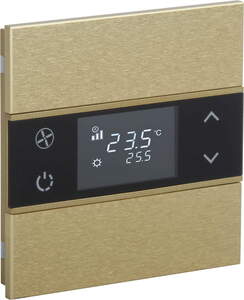 KNX push button 2 rockers, with thermostat, with temperature sensor, with display, without icon, serie ROSA Metal, gold, Ref. INT-RMT1-0601B0