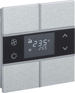 KNX push button 4 rockers, with thermostat, with temperature sensor, with display, without icon, serie ROSA Metal, gray, Ref. INT-RMT2-0401B0