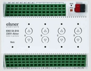 KNX S4-B10 230 V: 4 multifunctional outputs (8 devices), 10 binary inputs.