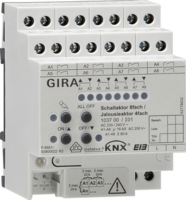 KNX multifuntion actuator, shutter / switching, 8 binary outputs / 4 channel shutter, 16A, DIN rail, Ref. 1037 00