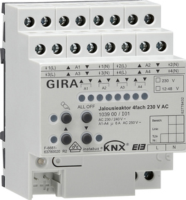 KNX shutter AC/DC actuator, 4 channel AC / 2 channel DC, 230VAC / 12-48VDC, 6A, DIN rail, Ref. 1039 00