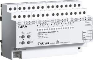 KNX shutter AC/DC actuator, 8 channel AC / 4 channel DC, 230VAC / 12-48VDC, 6A, DIN rail, Ref. 2161 00