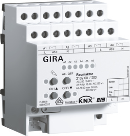 KNX multifuntion actuator, shutter / switching / electronic heating, 4 binary outputs / 2 channel shutter / 2 Heating outputs, 16A, 140µF C-load, DIN rail, Ref. 2162 00