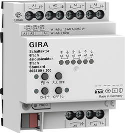 KNX secure multifuntion actuator, shutter / switching, 6 binary outputs / 3 channel shutter, 16A, 140µF C-load, DIN rail, serie Standard, Ref. 502300