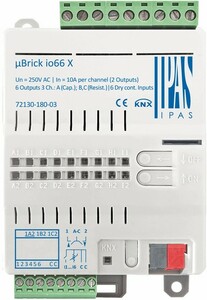 KNX multifuntion actuator with inputs, µBrick io66 X, shutter / switching, 6 binary outputs / 3 channel shutter, 6 inputs potential free, 10A, 140µF and resistive C-load, DIN rail / flush mount / surface, serie µBrick, Ref. 72130-180-03