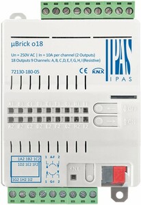 KNX multifuntion actuator, µBrick o18, shutter / switching, 18 binary outputs / 9 channel shutter, 10A, DIN rail / flush mount / surface, serie µBrick, Ref. 72130-180-05