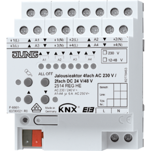 KNX shutter AC / DC actuator, 4 channel shutter AC / 2 channel shutter DC, 24VDC / 230VAC, DIN rail, Ref. 2514 REGHE