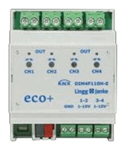KNX dimmer actuator, DIM4F110-E, ballast 1-10V, 4 outputs , 16A, >/= 3000W, < 4000W, DIN rail, serie ECO+, Ref. 77611