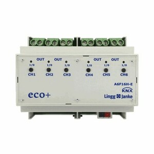 KNX switching actuator, A6F16H-E, 6 binary outputs , 16A C-load, DIN rail, serie ECO+, Ref. 79234
