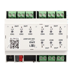 KNX secure switching actuator, AH9F16H-SEC, 9 binary outputs, 16A, 140µF C-load, Ref. 79238 SEC