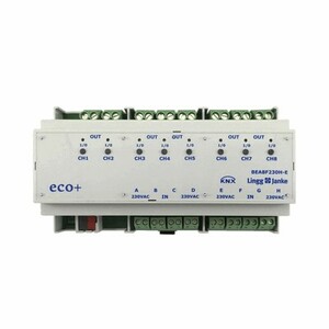 KNX switching actuator with inputs, BEA8F230H-E, 8 binary outputs , 8 inputs 230VAC, 230VAC, 16A C-load, DIN rail, serie ECO+, Ref. 79242