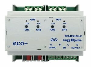 KNX switching actuator with inputs, BEA4FK16H-E, 4 binary outputs , 4 inputs potential free, 16A C-load, DIN rail, serie ECO+, Ref. 79243