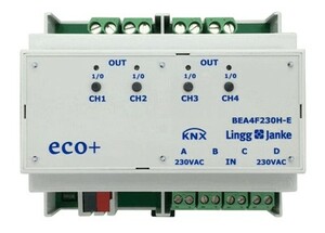 KNX switching actuator with inputs, BEA4F230H-E, 4 binary outputs , 4 inputs 230VAC, 230VAC, 16A C-load, DIN rail, serie ECO+, Ref. 79244