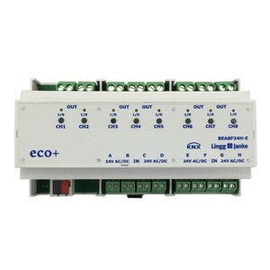 KNX switching actuator with inputs, BEA8F24H-E, 8 binary outputs , 8 inputs 24V, 16A C-load, DIN rail, serie ECO+, Ref. 79245