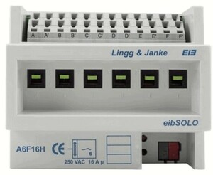 KNX switching actuator, 6 binary outputs , 16A, 200µF C-load, DIN rail, serie eibDUO, Ref. 89205