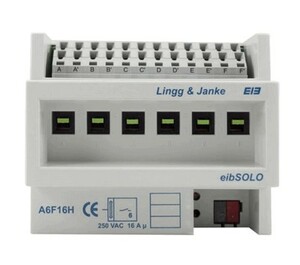 KNX switching actuator, 6 binary outputs , 16A, 200µF C-load, DIN rail, serie eibSOLO, Ref. A6F16H-2