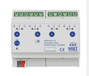 KNX dimmer actuator, universal, 4 outputs , 230VAC, 1A - 1.9A, 250W, active power, DIN rail, serie STANDARD, Ref. AKD-0401.02
