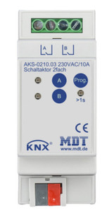 KNX switching actuator, 2 binary outputs , 230VAC, 10A, 140µF C-load, DIN rail, Ref. AKS-0210.03