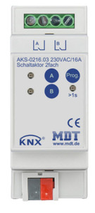 KNX switching actuator, 2 binary outputs , 230VAC, 16A, 140µF C-load, DIN rail, Ref. AKS-0216.03