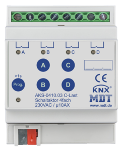KNX switching actuator, 4 binary outputs , 230VAC, 10A, 140µF C-load, DIN rail, Ref. AKS-0410.03