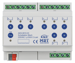KNX switching actuator, 8 binary outputs , 230VAC, 10A, 140µF C-load, DIN rail, Ref. AKS-0810.03