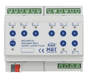 KNX switching actuator, 8 binary outputs , 230VAC, 16A, 140µF C-load, DIN rail, Ref. AKS-0816.03