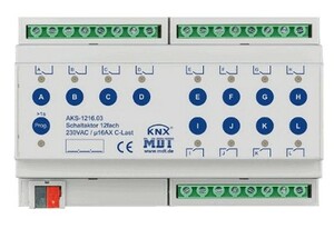 KNX switching actuator, 12 binary outputs , 230VAC, 16A, 140µF C-load, DIN rail, Ref. AKS-1216.03