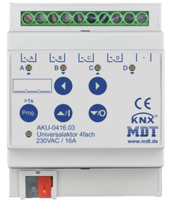 KNX multifuntion actuator, heating / shutter / switching, 4 binary outputs / 2 channel shutter, 230VAC, 16A, DIN rail, Ref. AKU-0416.03
