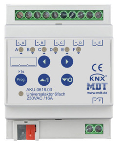 KNX multifuntion actuator, heating / shutter / switching, 6 binary outputs / 3 channel shutter, 230VAC, 16A, DIN rail, Ref. AKU-0616.03