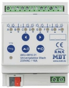 KNX multifuntion actuator, heating / shutter / switching, 8 binary outputs / 4 channel shutter, 230VAC, 16A, DIN rail, Ref. AKU-0816.02