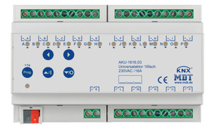KNX multifuntion actuator, heating / shutter / switching, 16 binary outputs / 8 channel shutter, 230VAC, 16A, DIN rail, Ref. AKU-1616.03