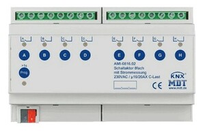 KNX switching actuator, 8 binary outputs , 230VAC, 16A / 20A, 200µF C-load, current measurement, DIN rail, Ref. AMI-0816.02
