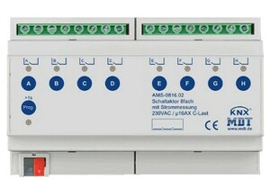 KNX switching actuator, 8 binary outputs , 230VAC, 16A, 140µF C-load, current measurement, DIN rail, Ref. AMS-0816.02
