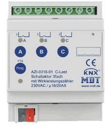 KNX switching actuator, 3 binary outputs, 230VAC, 16A / 20A, 200µF C-load, active power / current measurement / voltage measurement, DIN rail, Ref. AZI-0316.01