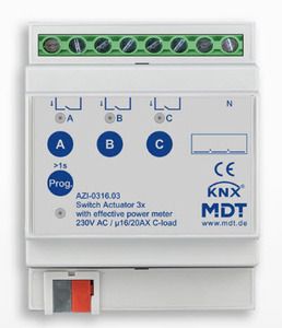 Switch Actuator 3-fold, 4SU,  MDRC, 1620 A, 230 V AC, C-load, 200µF, power measurement, Ref. AZI-0316.03