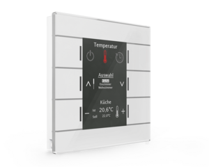 KNX push button 6 rockers, with thermostat, with temperature sensor, with display and with status LED, serie GLASS SMART, glass white, Ref. BE-GBZW.01